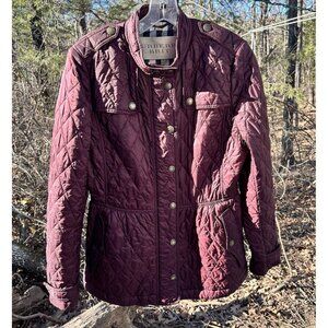 Burberry Brit Burgundy Quilted Peplum Jacket Nova Check Womens Size Large READ